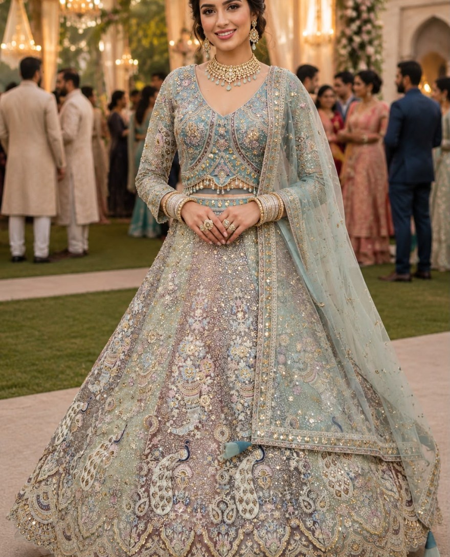 BLUE - Multi Colour Net Lehenga Choli with Embroidered, Resham and Zari Work